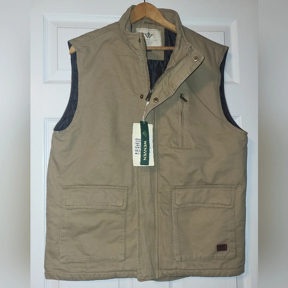Wenven Workwear Zip-Up Lined Vest Size Medium‎ Tan Outdoor Hunting Fishing